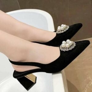 pointed toe slingback pearl flower buckle