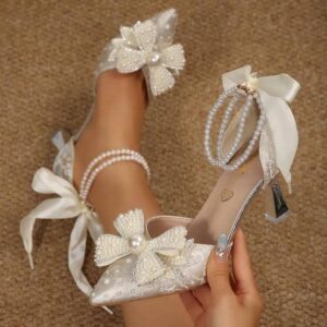 Pearl Ankle Strap and Bow Pointed Toe Heels