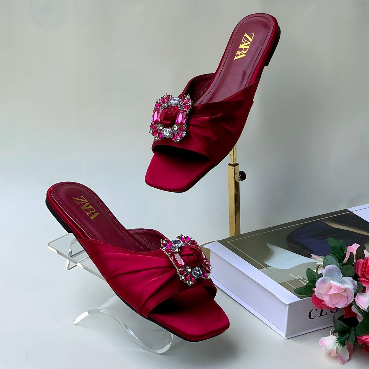 Zara wine satin jewelled slide