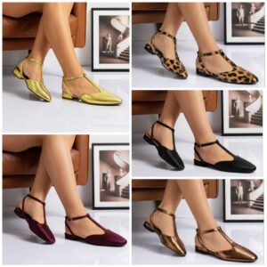 pointed-toe T-strap flat shoes