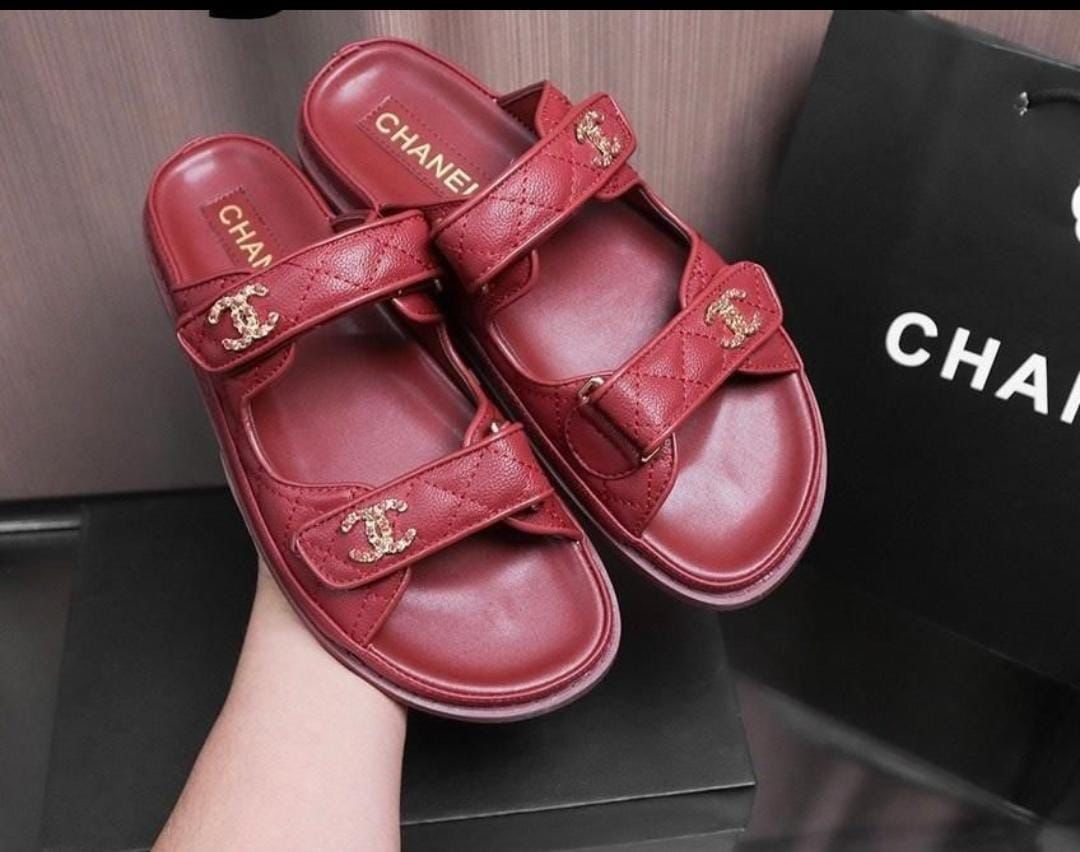 wine Chanel CC Logo Double Strap slide