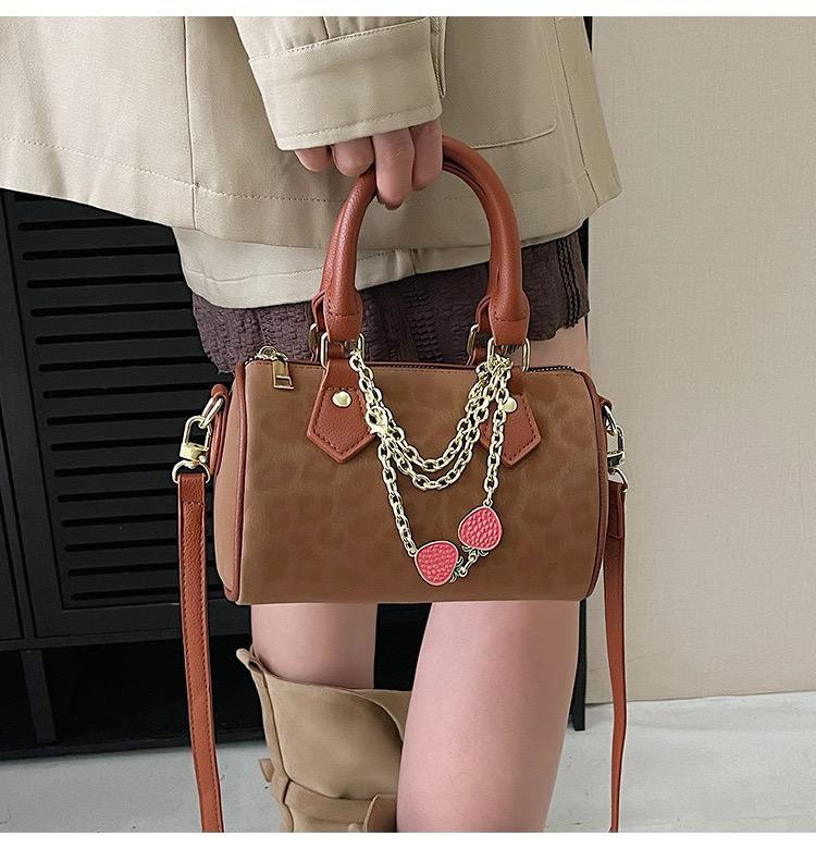 Leopard Print Strawberry Charm Boston Barrel Bags