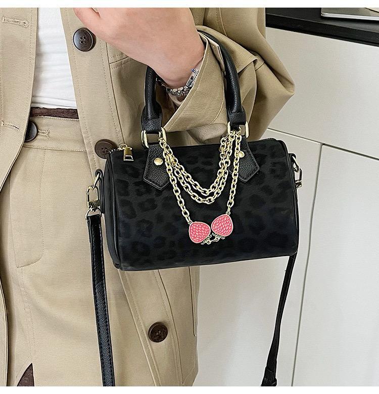 Leopard Print Strawberry Charm Boston Barrel Bags - Image 2