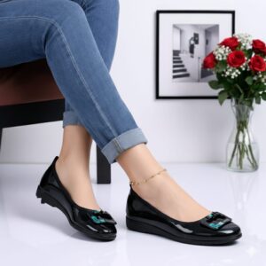 Patent Slip-On Ballet Flats with Teal Accent Buckle