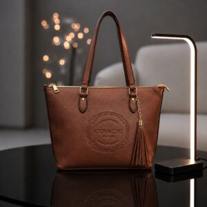 Embossed Logo Zippered Tote Bag with Tassel