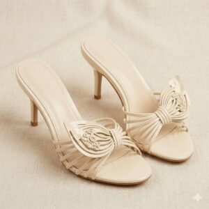 Multi-Strap Sculpted Bow Open-Toe Heeled Mule