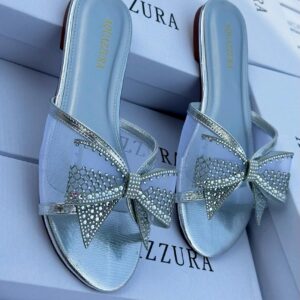 Aquazzura Crystal Mesh Bow Flat Slides