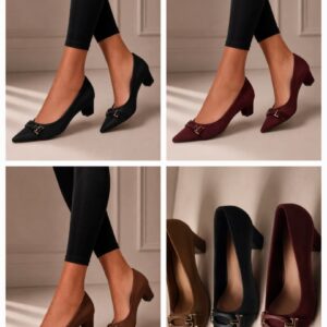 Pointed-Toe Low Block Heel Buckle Pumps