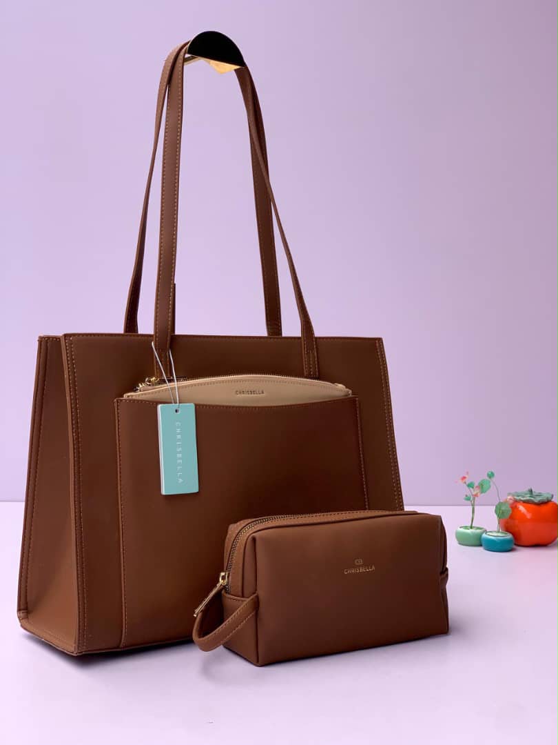 Chrisbella Structured 2-in-1 Top-Handle Tote Bag Set with matching cosmetic pouch
